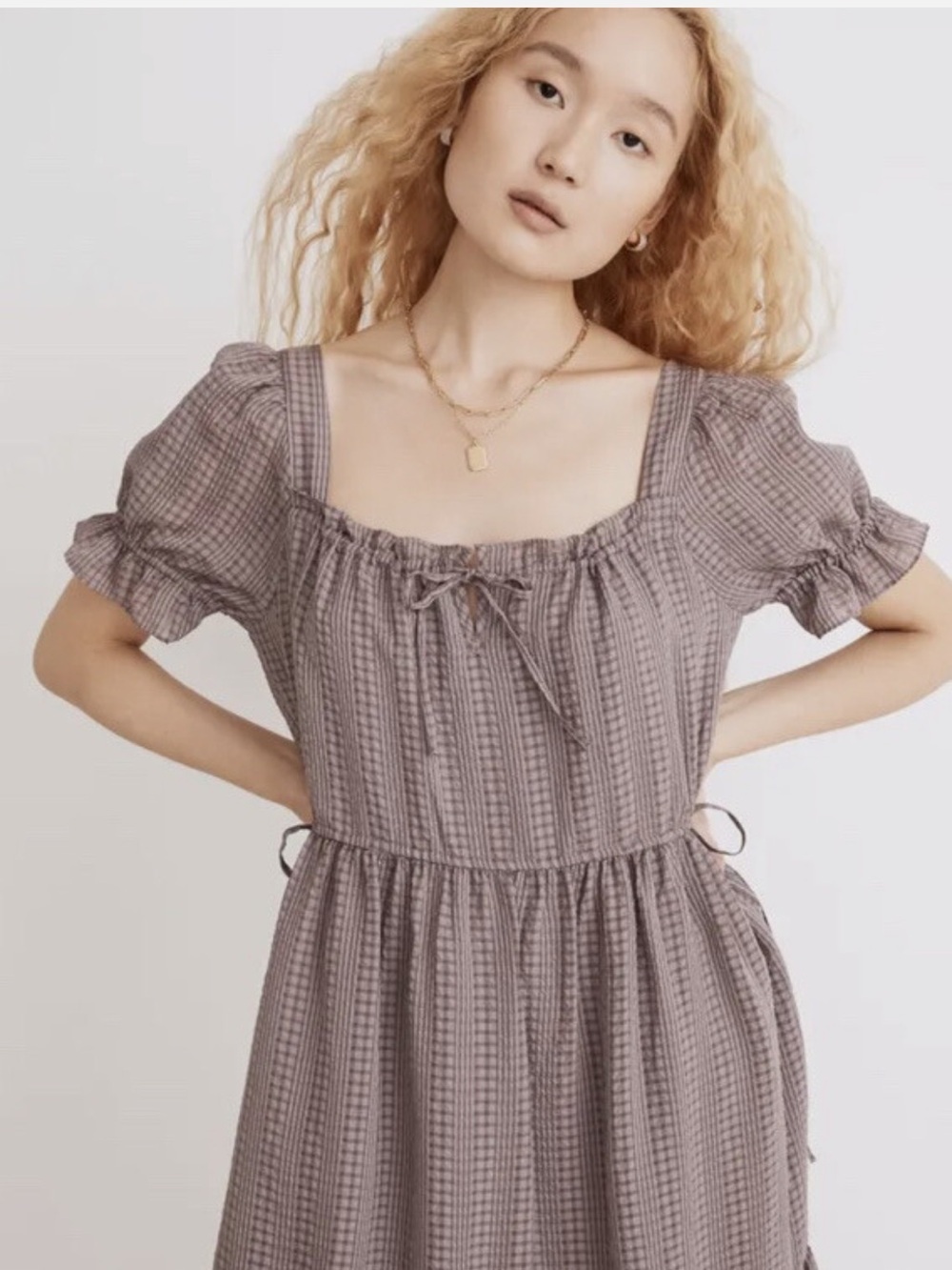 Madewell Purple Plaid Square Neck Tiered Textured Seersucker Midi Size Medium - Picture 5 of 12